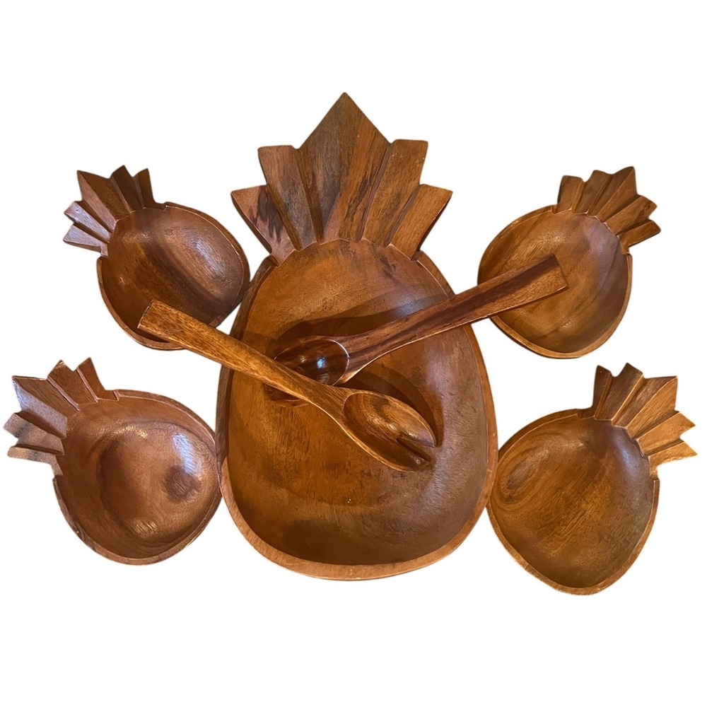 Vintage Handcrafted Monkey‎ Pod Wood Pineapple Salad Set 7pc Philippines Tiki